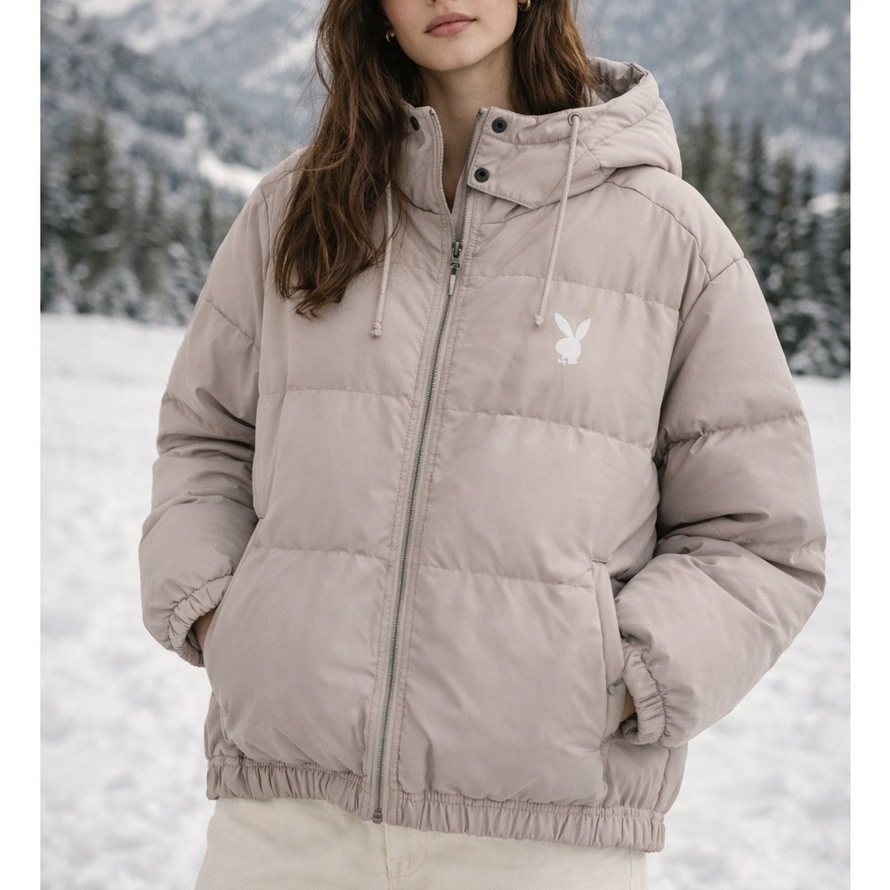 Y2K Playboy Bunny Taupe Beige XS S Puffer Coat Retro 2000s Warm Snow Insulated
